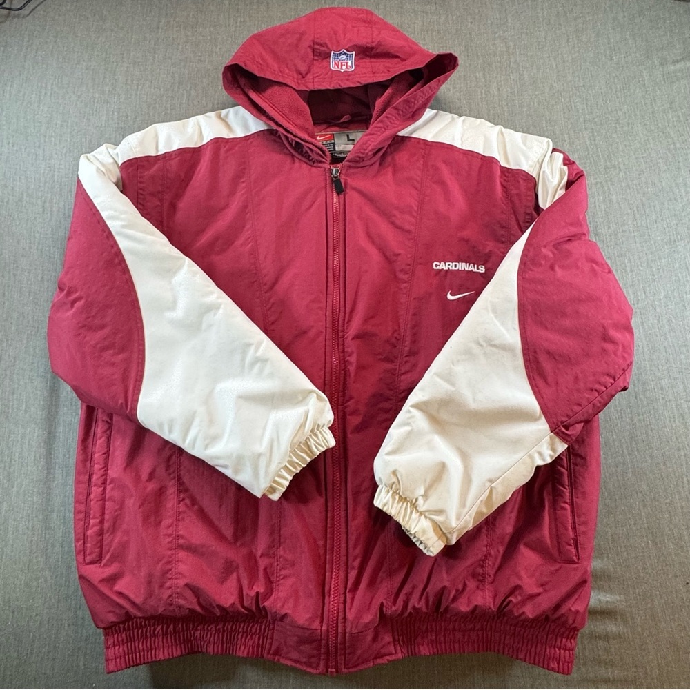 Vintage Arizona Cardinals NFL Nike Team Puffer Jacket Red White Zip With Hoodie